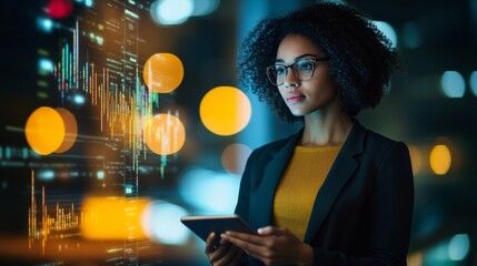 A focused woman checks data on a tablet, surrounded by bright lights, symbolizing technology and finance in a modern, urban setting.