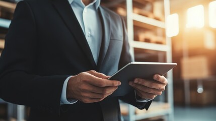 A businessman holds a tablet in a warehouse, emphasizing technology's role in inventory management and logistics.