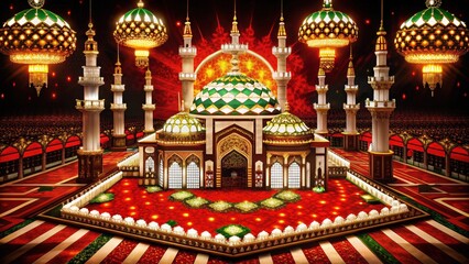 Obraz premium Ornate Mosque with Red and Gold Decor and Glowing Lanterns