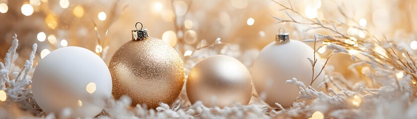 White and Gold Christmas Ornaments in a Snowy Setting with Bokeh Lights