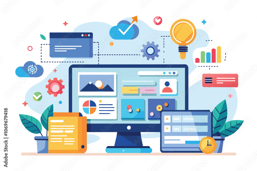 Poster modern desktop computer with multiple tabs and charts illustration