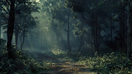 Fototapeta premium Enchanted Forest Path: Sunlight Through Misty Trees