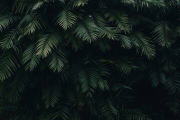 This photo showcases lush, dark green tropical leaves, likely from palm plants, arranged in overlapping layers. The deep green tones and limited light create a cool, shaded, and mysterious atmosphere,