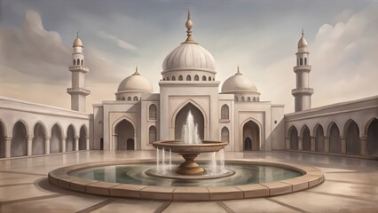 Fototapeta premium A serene courtyard with a fountain in front of a mosque