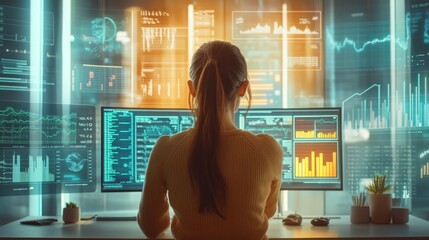 A woman analyzes data on multiple screens, surrounded by vibrant digital displays, showcasing various graphs and analytics in a tech-savvy environment.