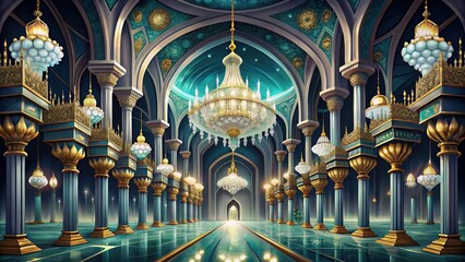 Obraz premium A grand hall with ornate columns, chandeliers, and a glowing pathway