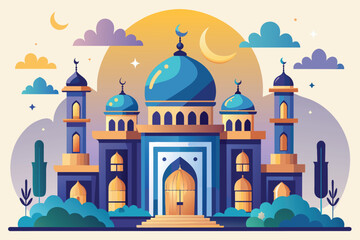 Nighttime View of a Mosque With Golden Domes and Minarets