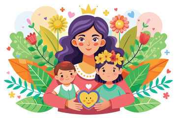 Mother Holding Children With Flowers and Heart