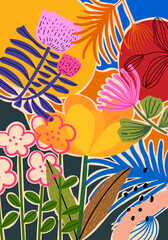 Abstract flowers, plants, floral, nature hand drawn vector illustration. Aesthetic modern nature background for interior, cover, poster, pattern, textile and fabric.