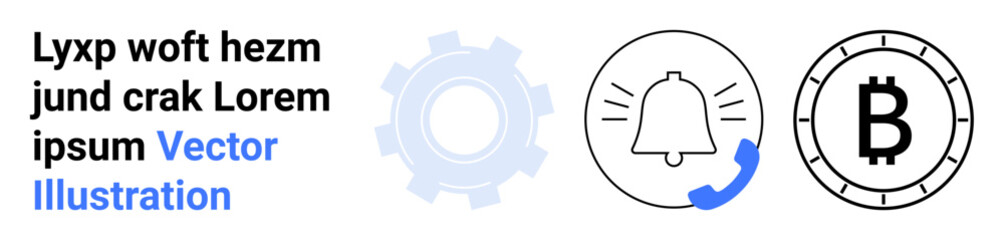 Notification bell, Bitcoin icon, gear symbol, call icon with blue detail, and placeholder text. Ideal for technology, finance, alerts, service, notifications, cryptocurrency and communication