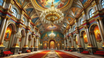 Fototapeta premium An ornate interior with a gold-trimmed ceiling, paintings, and a red carpet.