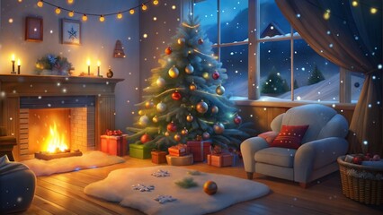 Santa Claus sitting by Christmas tree with gift in hand
