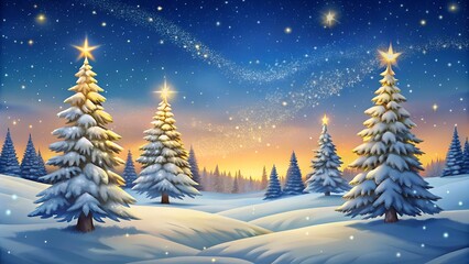 Obraz premium Snowy landscape with Christmas trees at sunset