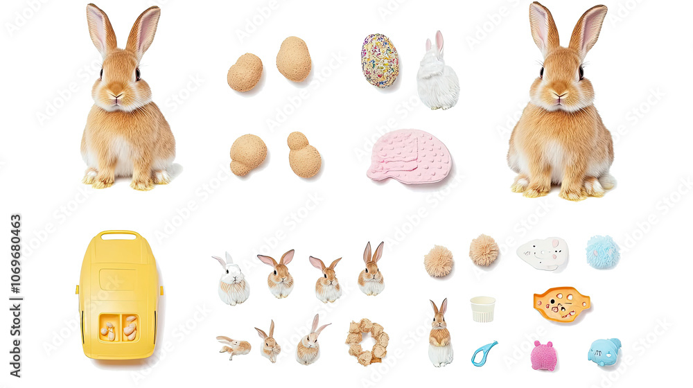 Poster adorable rabbits and playful collectibles arranged on a clear backdrop generative ai
