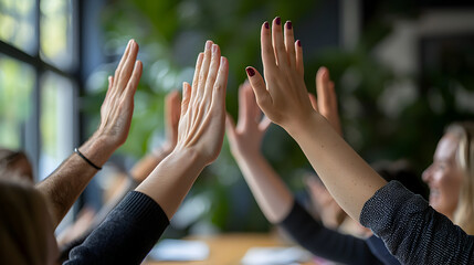 Diverse Team Raising Hands in Collaborative Office Meeting for Engaging Discussion and Innovation