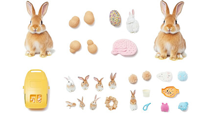 Adorable Rabbits and Playful Collectibles Arranged on a Clear Backdrop Generative AI