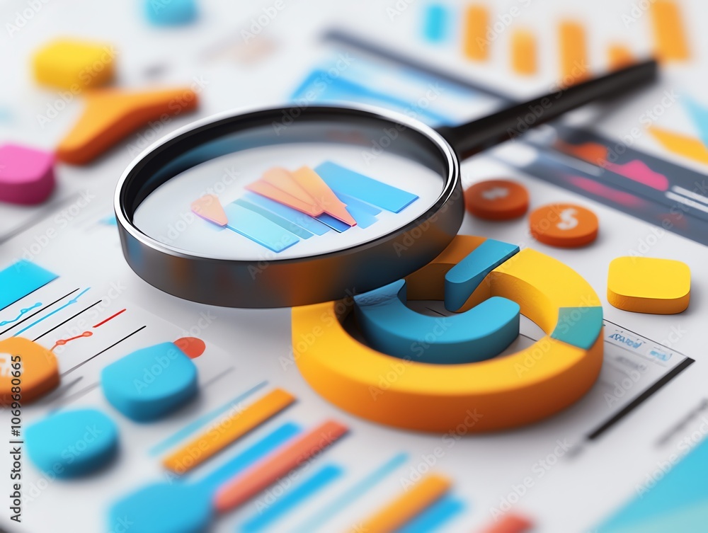 Poster Magnifying glass over colorful pie charts and bar graphs on a white background.