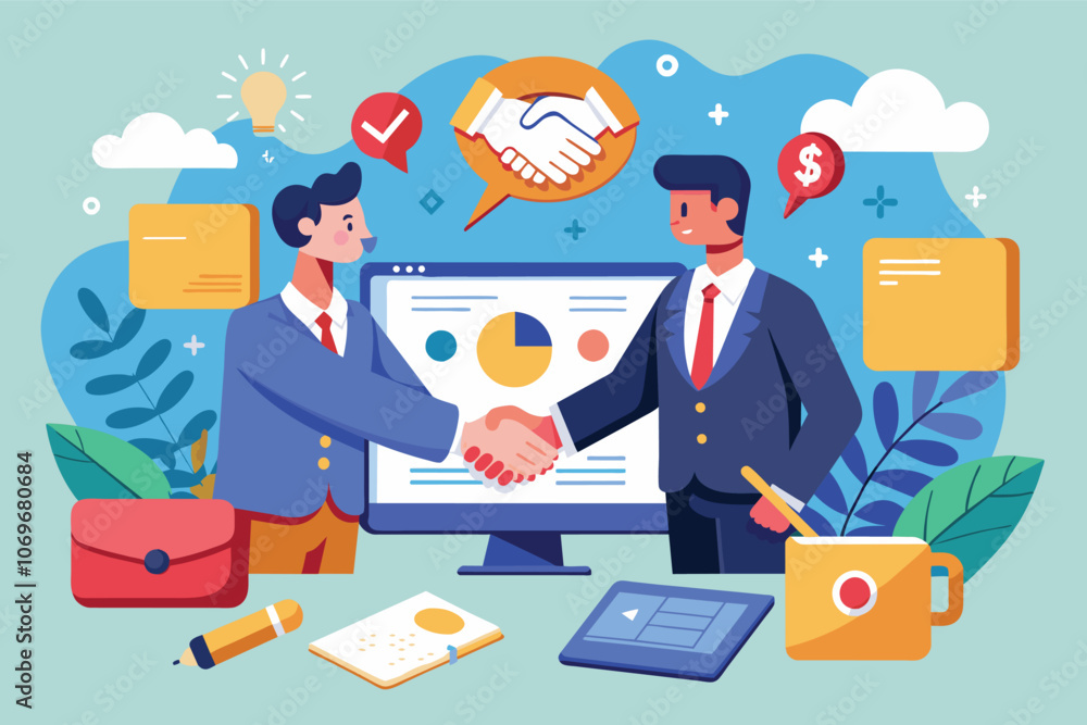 Poster two businessmen shaking hands in front of computer screen with graph