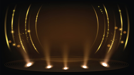 Black and Gold background abstract Stage hall geometric shapes luxury design wallpaper.Realistic layer elegant futuristic glossy light.Cover layout template.