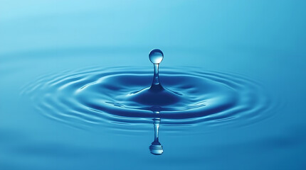 A water drop falling into calm water creating ripples and reflections on a blue surface.