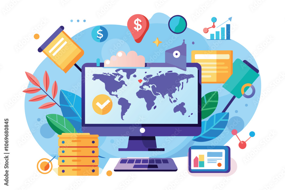 Aufkleber global business strategy and development on computer monitor
