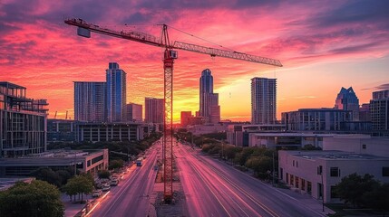 Fototapeta premium A vibrant sunset over a city skyline with a construction crane in the foreground.