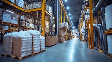 A wide shot of a warehouse with pallets of goods stacked high on shelves. The warehouse is well lit and has a clean, organized appearance.