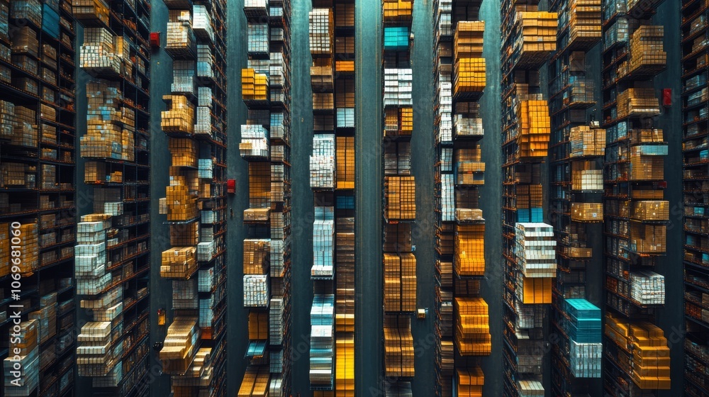 Poster aerial view of a warehouse filled with stacked boxes, showcasing organized storage and inventory man