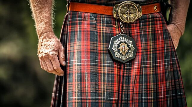 A man stands with his hands in his pockets, wearing a traditional kilt and belt with a large buckle