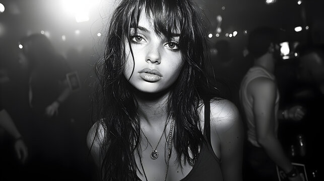 Energetic Young Woman Portrait in Black and White Capturing Nightlife Vibes and Dramatic Lighting