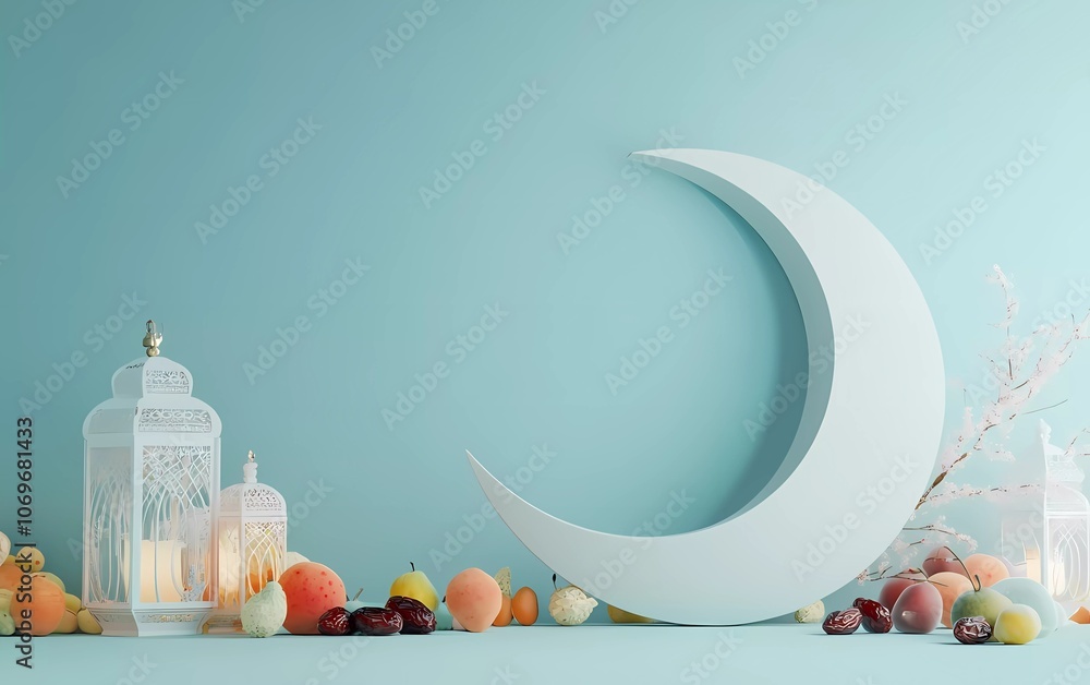 Fototapete 3d rendering of a ramadan kareem background with a crescent moon, dates, fruit, and lanterns on a li