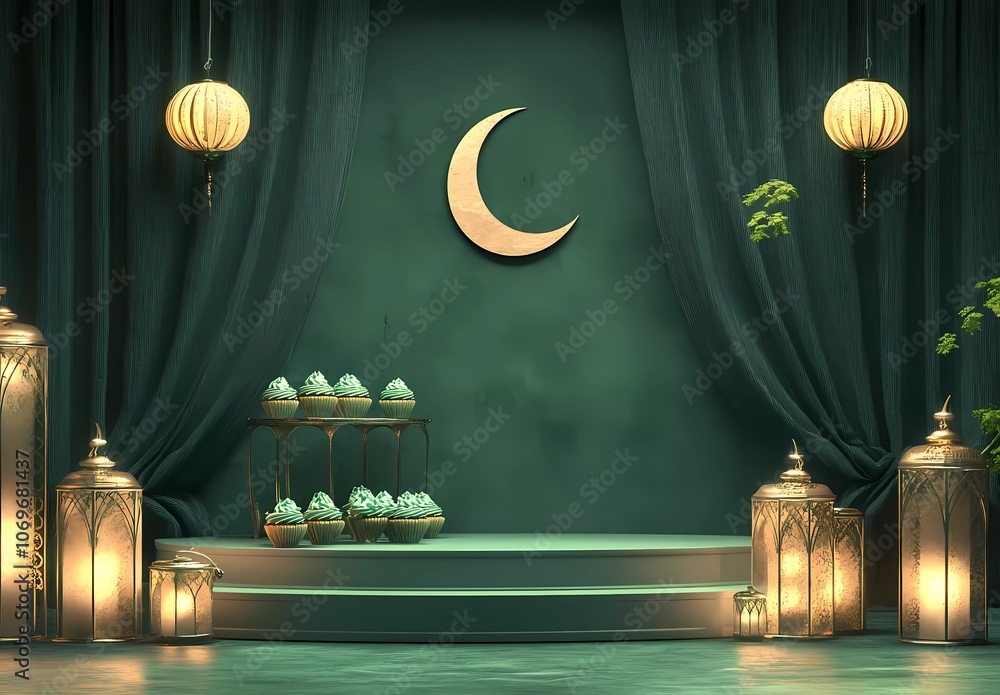 Fototapete 3d rendering of a ramadan islamic background design with mini cupcakes, lanterns, and a crescent moo