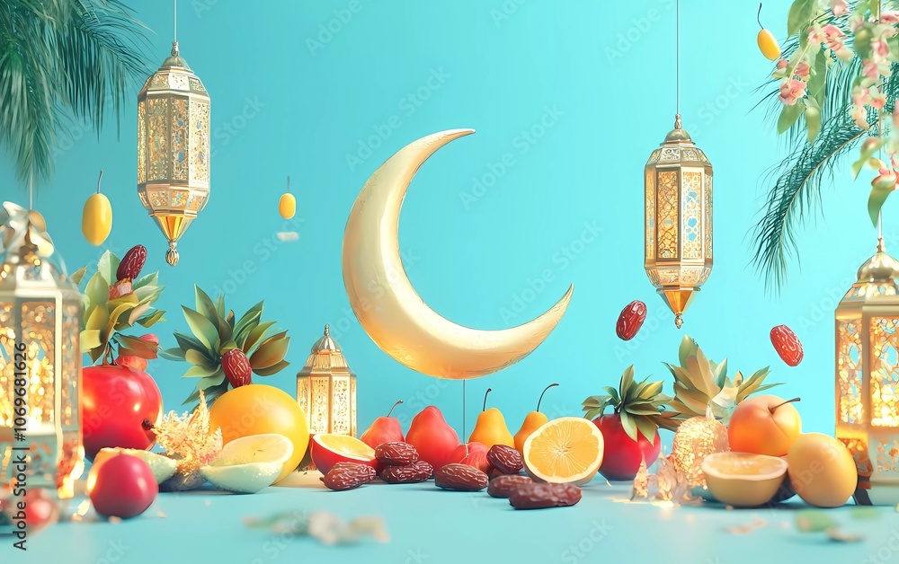 Fototapete 3d rendering of a ramadan kareem background with a crescent moon, dates, fruit, and lanterns on a li