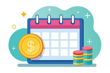 Naklejka premium Illustrated Calendar With Dollar Coin And Stacks Of Coins For Financial Planning