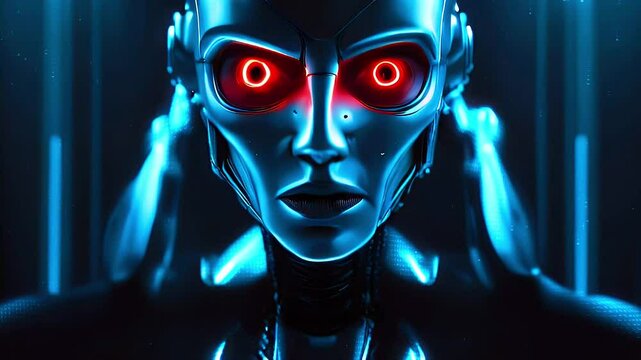 Close up of a robot woman's face with glowing red eyes, in a futuristic setting.