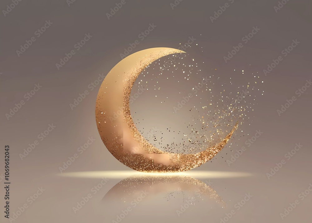 Poster a vector illustration of an elegant golden crescent moon with sparkling glitter particles, centered 