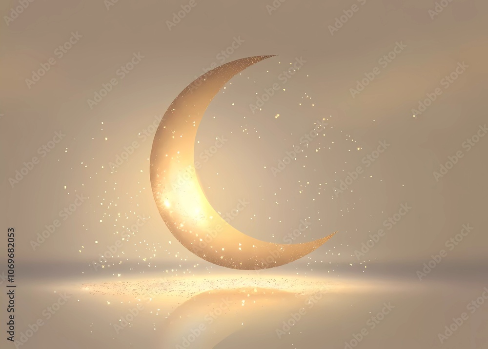 Poster a vector illustration of an elegant golden crescent moon with sparkling glitter particles, centered 