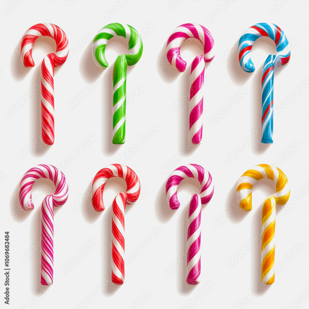Poster a collection of colorful candy canes arranged in a playful pattern on a clean white background, perf