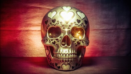 Silver Skull Decorated with Hearts and Intricate Designs