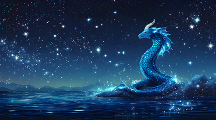 Mythical Dragon Under Starry Night Sky in Serene Ocean Reflection