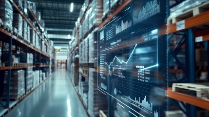 A modern warehouse scene featuring inventory shelves and a digital data display, showcasing analytics and trends in logistics management.