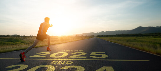New year 2025 or start straight concept.word 2025 written on the asphalt road and athlete woman...