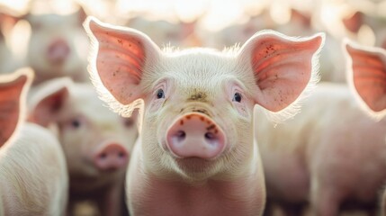 6.Fattening pigs in a large indoor farming facility, grouped together, soft light revealing their textured skin, high-efficiency farm environment, clean and controlled, feeding stations visible