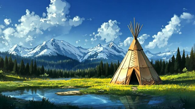 A teepee sits on a grassy meadow with a lake in front and snow-capped mountains in the distance
