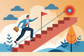 Fototapeta premium Businessman Climbing Stairs Towards Goal With Flag and Target