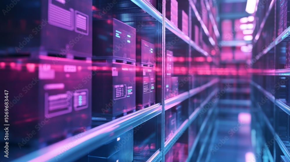 Poster a futuristic data center with illuminated storage units, showcasing a sleek environment filled with 