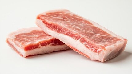16.Two pieces of fresh pork isolated on a white background, pale pink tones with fine marbling, clean and simple presentation, fresh and inviting, ready-to-cook cuts