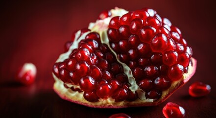 Close-up of a Ripe Pomegranate with Seeds on a Wooden Surface