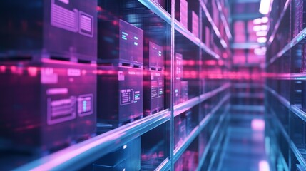 A futuristic data center with illuminated storage units, showcasing a sleek environment filled with technology and organized shelving.
