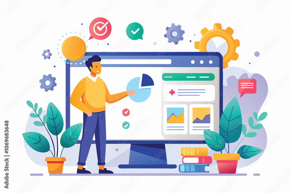 Poster man presenting data on computer screen with charts and graphs